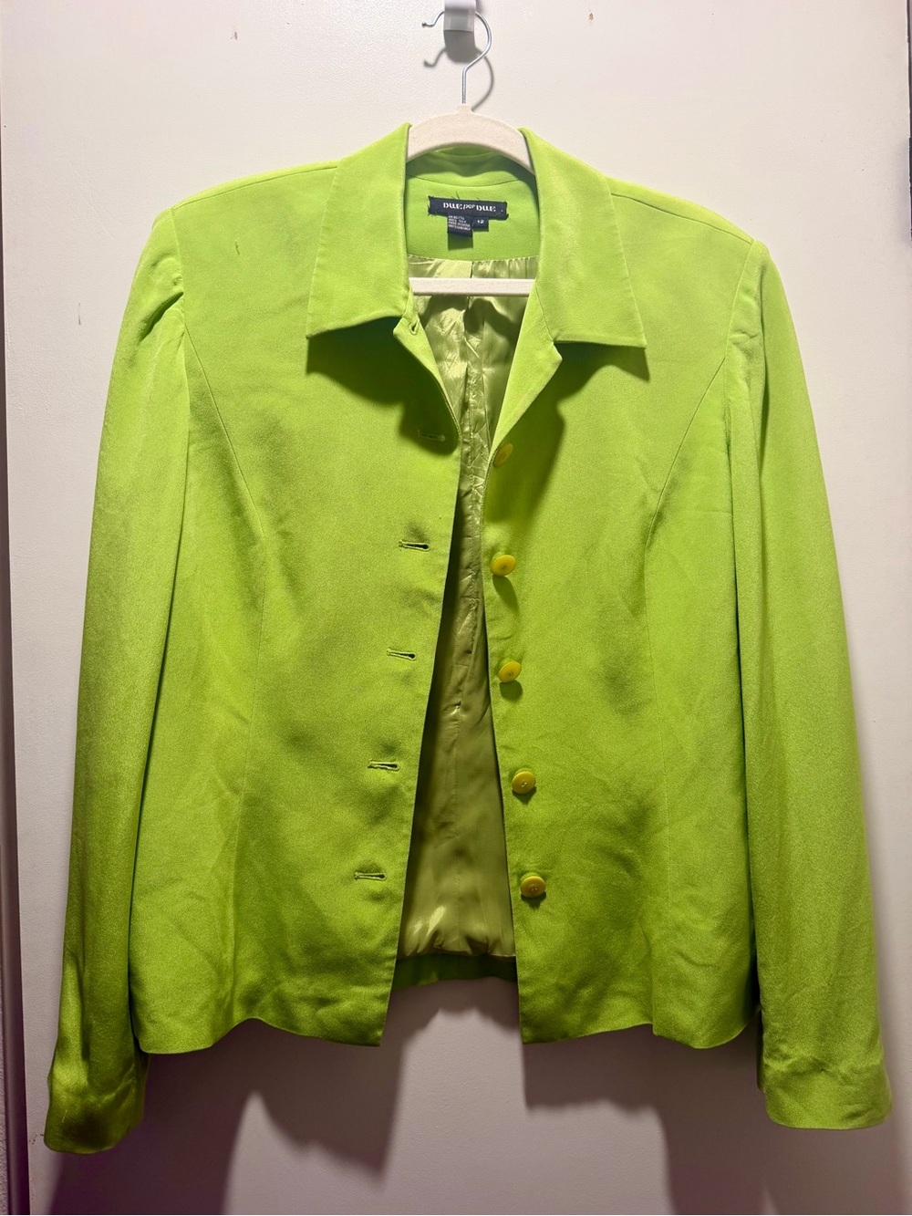 Due Per Due 100% Silk Blazer Lime Green Button Front Jacket - Size 12